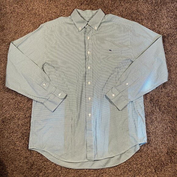 Vineyard Vines Green White Check Slim Fit Tucker Cotton Dress Button Down Shirt - Picture 1 of 8